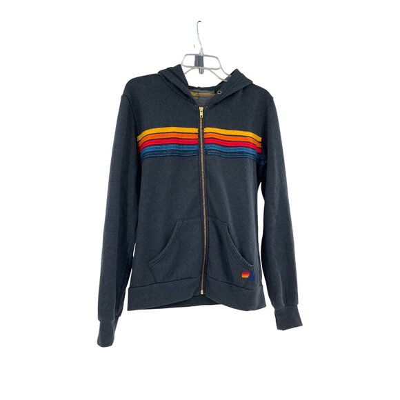 Aviator Nation Vintage-Look Gray Hoodie Rainbow Stripes & Front Zip Closure - Picture 1 of 10